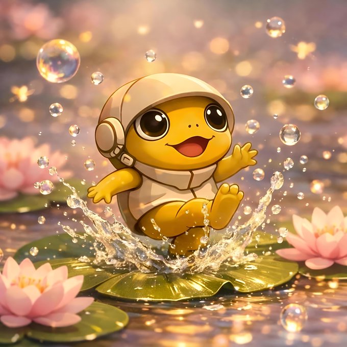 A cute 3D-rendered yellow cartoon creature in a hooded outfit joyfully splashes on a lily pad surrounded by water droplets, lotus flowers, and glowing bokeh.