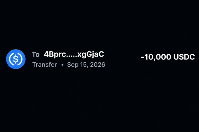 A USDC cryptocurrency transfer of -10,000 USDC to address 4Bprc.....xgGjaC dated Sep 15, 2026 on a dark background.