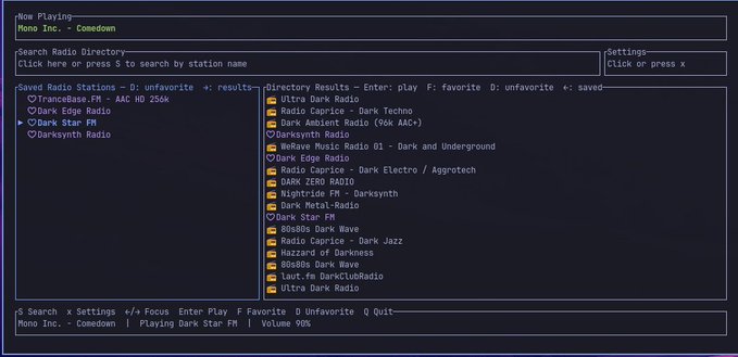 A terminal interface displays a "Search Radio Directory" with a list of stations including "TranceBase.FM," "Dark Edge Radio," and "Darksynth Radio," playing "Mono Inc. - Comedown."