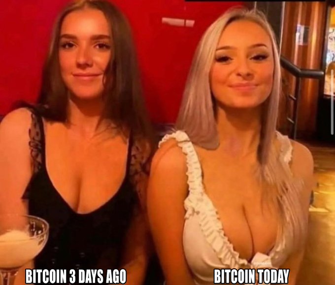 The image shows two women sitting next to each other in what appears to be a bar or restaurant setting. The woman on the left is labeled "BITCOIN 3 DAYS AGO" while the woman on the right, who appears more "blossomed" in a visual comparison meme, is labeled "BITCOIN TODAY" — humorously suggesting Bitcoin's rapid price appreciation over a short period.