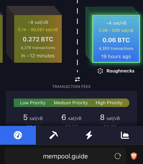 A mempool.space interface showing two transaction fee blocks (~8 sat/vB at 0.272 BTC and ~4 sat/vB at 0.06 BTC) from 'Roughnecks', with priority fee selectors below (Low: 5 sat/vB, Medium: 6 sat/vB, High: 8 sat/vB).