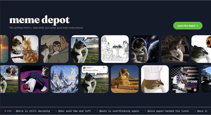 'Meme Depot' website displaying 118 certified memes including cats, astronauts, and pop culture references with a navigation bar showing meme titles.