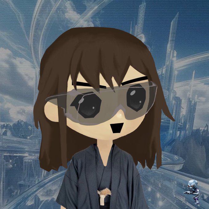 The image features a cartoon girl wearing glasses and a kimono with a necklace around her neck. She has brown hair that falls over her shoulders. The background of the image shows a blue sky, clouds, and buildings, creating an interesting contrast between the cartoon girl's attire and the natural elements in the scene. There is also a small robot visible in the bottom right corner of the image.