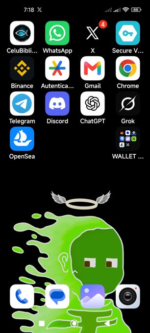 A smartphone home screen displaying various app icons including CeloBibili, WhatsApp, X, Secure V, Binance, Gmail, Chrome, Telegram, Discord, ChatGPT, Grok, OpenSea, and a Wallet folder, set over a green cartoon character wallpaper.