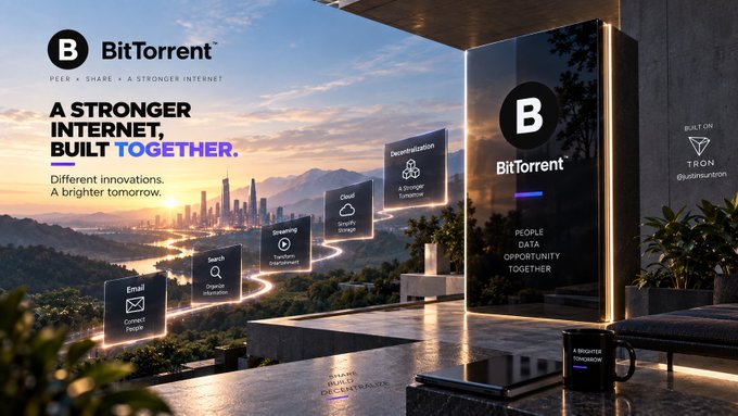 A BitTorrent promotional image reads 'A STRONGER INTERNET, BUILT TOGETHER' and 'BUILT ON TRON @justinsuntron', showing icons for Email, Search, Streaming, Cloud, and Decentralization.