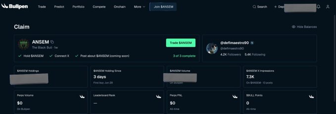The image shows a Bullpen dashboard displaying the user's completed $ANSEM token claim verification, with all three steps checked off (Hold $ANSEM, Connect X, Post about $ANSEM) and "3 of 3 complete" displayed prominently. The account belonging to "The Block Bull" shows a $ANSEM holding time of 3 days, 7.3K impressions, and 4.2K X followers, illustrating the verification system the post describes that links X profiles to token-holding wallets to filter bots and fake accounts.