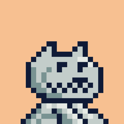 Pixel art illustration of a gray skeletal or monster character with a toothy grin against a solid tan background.