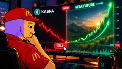 Stylized illustration of a woman in a red McDonald's cap with the number '4' and red jacket, looking at a trading screen showing 'KASPA' and 'NEAR FUTURE' with a dramatic green and red price chart.