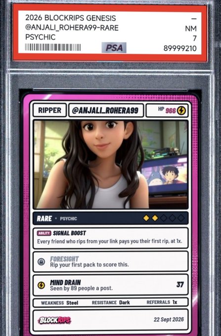 A PSA-graded PSA 7 trading card from "2026 BLOCKRIPS GENESIS" features a character named "@ANJALI_ROHERA99" with an HP of 966 and abilities like "Signal Boost" and "Mind Drain."