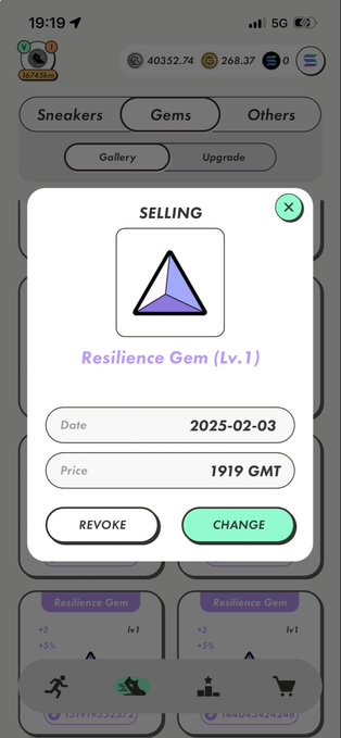 A mobile app screen showing a 'SELLING' listing for a Resilience Gem (Lv. 1) dated 2025-02-03 at a price of 1919 GMT, with options to revoke or change the listing.