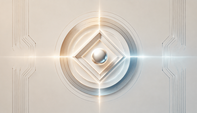A sleek, futuristic emblem featuring a central sphere within layered diamond and circular geometric shapes, rendered in cream and metallic tones with circuit-like lines on the sides, accompanied by a radiant light flare. The design visually echoes the post's theme of QLayer's enhanced state anchoring, symbolizing the structured preservation and traceability of on-chain historical states through a secure, layered framework.