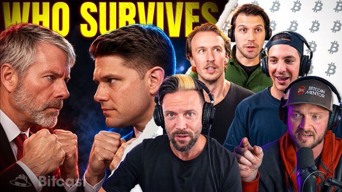 The image is a promotional thumbnail for a YouTube live stream titled "WHO SURVIVES" in bold yellow text at the top, featuring a face-off between Strategy and Strive, with the Bitcoin logo pattern in the background and a "Bitcoin Mentor" cap visible on one participant. Several men are shown in combative poses with raised fists and intense expressions, including a Bitcoin logo watermark in the bottom left corner, promoting the upcoming debate-style livestream hosted by Joey, Walker, and Brandon.