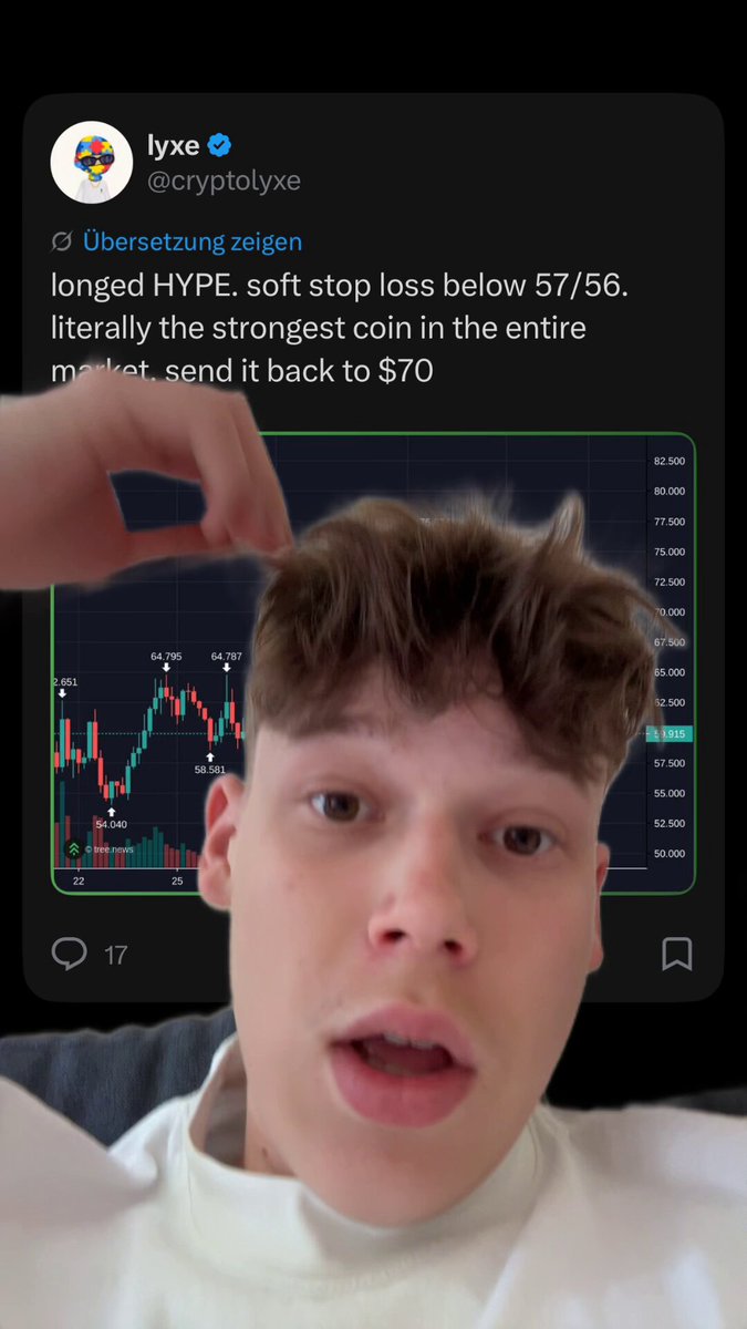 The image features a young man with short brown hair wearing a white shirt, who appears to be making a funny face or gesture as he looks at his phone screen. The caption of the image includes the text "I am long HYPE". This suggests that the person might be sharing a humorous moment or joke on social media related to cryptocurrency or market trends.

The post also contains some information about Bitcoin, which is likely intended for educational purposes rather than entertainment. It reads: "Bitcoin is an electronic currency created by solving complex mathematical problems and then using a public key system to verify transactions." This text provides context about the technology behind Bitcoin and its potential uses in the future of digital currency.