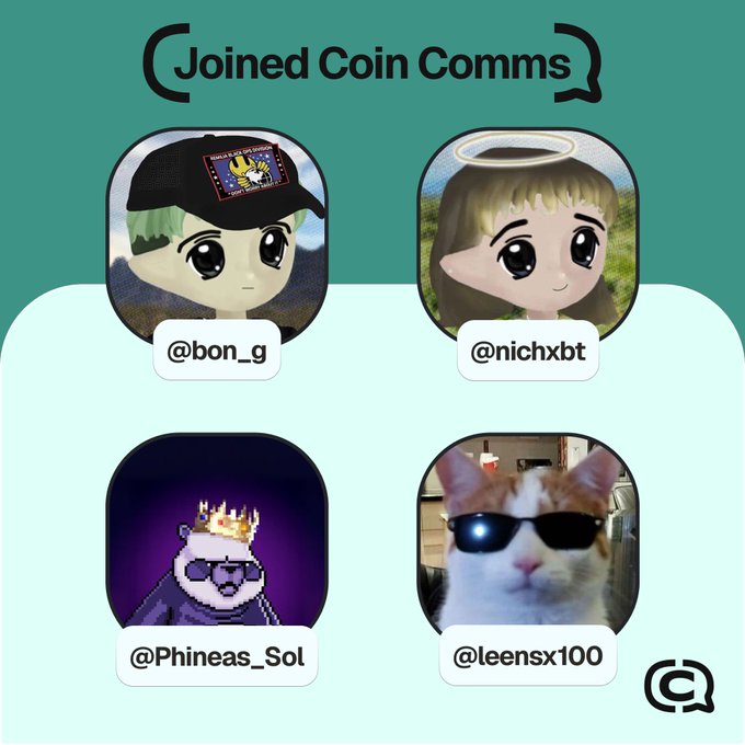 The image features four different cartoon characters wearing sunglasses and hats, each with a unique style and pose. The characters are arranged in a square formation against a green background. Below the images of the cartoon characters, there's text that reads "Joined Coin Communications".