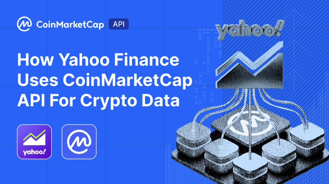 The image is a promotional graphic with a blue background featuring the CoinMarketCap API and Yahoo Finance logos, headlined "How Yahoo Finance Uses CoinMarketCap API For Crypto Data," alongside a stylized illustration of data streams flowing from a chart into interconnected blockchain nodes. The graphic visually reinforces the post's case study theme by depicting the data pipeline connecting Yahoo Finance's market charting capabilities to CoinMarketCap's crypto data infrastructure.