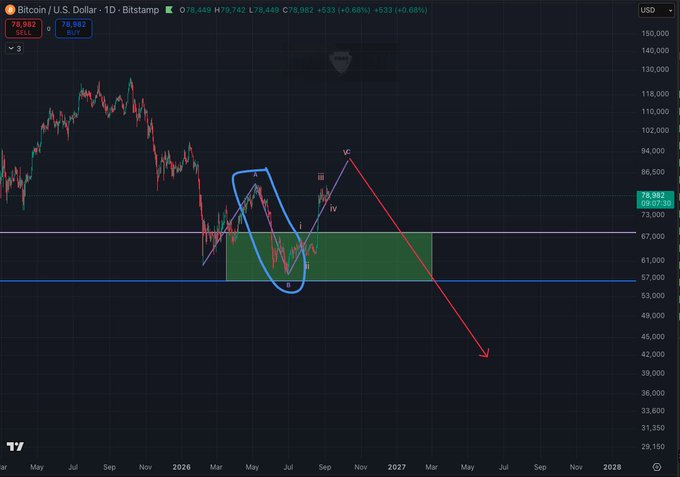 A Bitcoin/U.S. Dollar daily chart on Bitstamp showing an Elliott Wave bear count with waves labeled i-iii-iv-v, where wave v projects down from ~$78,982 toward ~$42,000, with a blue-circled decline highlighted as a 5-wave structure (ruling it out as a B wave) within a green demand zone between roughly $57,000–$67,000.