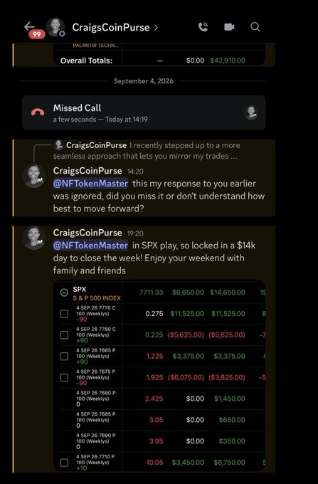 A screenshot of a messaging app showing a conversation with "CraigsCoinPurse" featuring SPX trading discussion, with messages mentioning '@NFTokenMaster' and showing a $42,910.00 total along with a positions list dated September 4, 2026.