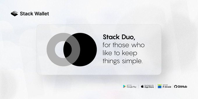 A minimalist promotional banner for "Stack Wallet" advertises "Stack Duo, for those who like to keep things simple" alongside Google Play, App Store, F-Droid, and GitHub icons.