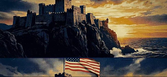 A split-panel image showing a medieval castle on a rocky cliff at sunset above, and an American flag waving against a blue sky below.