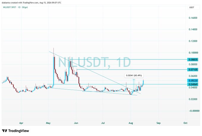 A TradingView chart of NEIUSDT on a 1-day timeframe showing a descending triangle or falling wedge pattern, with resistance levels marked and a 60.49% gain displayed.