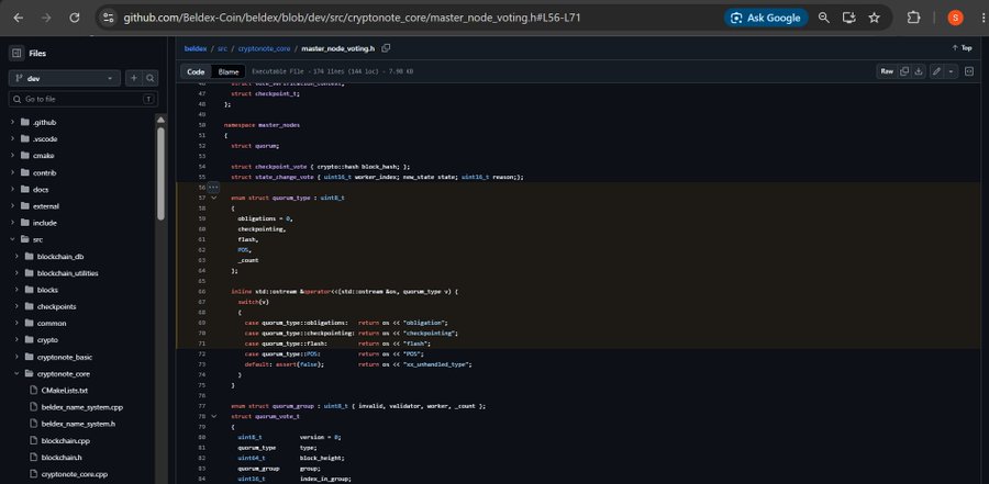 A screenshot of a GitHub repository page displaying C++ source code for 'master_node_voting.cpp' from the Beldex project.
