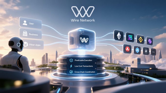 A futuristic promotional graphic for 'Wire Network' depicts a robot and various user categories connecting to blockchain logos, highlighting features like 'Predictable Execution' and 'Cross-Chain Coordination'.