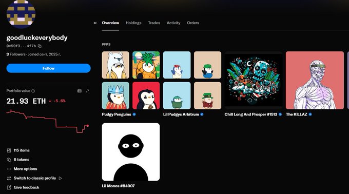 A dark NFT marketplace profile for “goodluckeverybody” shows a 21.93 ETH portfolio value, 115 items, 0 tokens, and collections such as Pudgy Penguins, Lil Pudgys Artibum, Child Long And Prosper #1313, THE KILLAZ, and Lil Mones #94907.