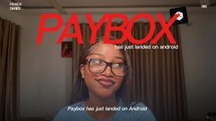 The image shows a promotional graphic for PayBox with a woman wearing glasses and the tagline "Just landed on Android!" displayed prominently in red text at the top, with a smaller caption "PayBox has just landed on Android" beneath her, highlighting the app's new Android release featured in the post about its AI-powered payment and shopping capabilities.