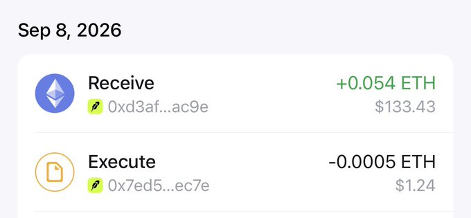 A wallet transaction screenshot dated 'Sep 8, 2026' showing a 'Receive' of '+0.054 ETH' ($133.43) and an 'Execute' transaction of '-0.0005 ETH' ($1.24), with partial addresses visible.