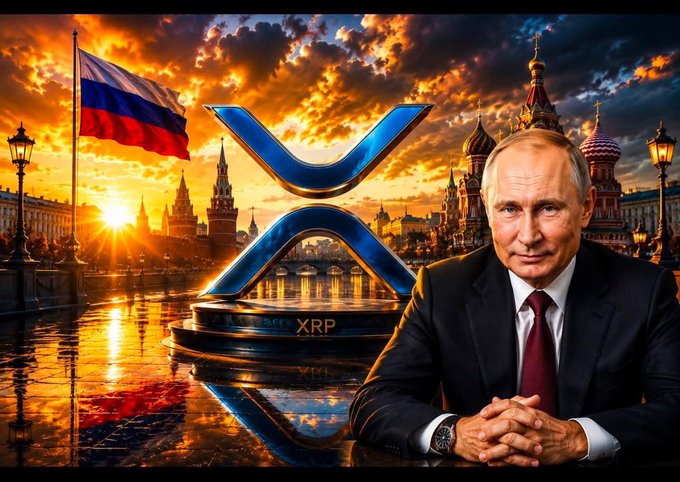 Vladimir Putin is shown seated next to a large, metallic XRP logo, with the Moscow Kremlin and a waving Russian flag visible in the sunset background.