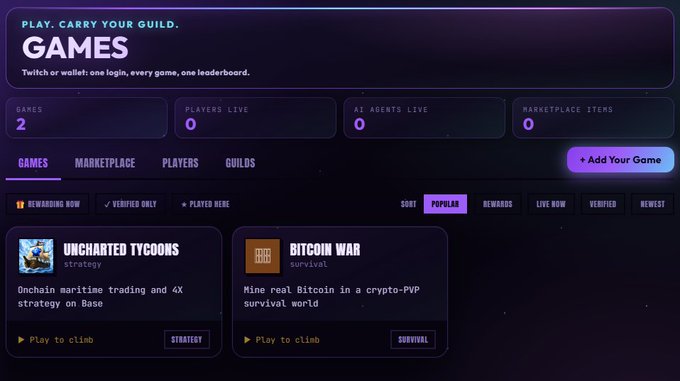 A dashboard titled 'GAMES' with the tagline 'PLAY. CARRY YOUR GUILD.' shows stats like 2 games, 0 players live, and lists titles 'UNCHARTED TYCOOKS' (strategy) and 'BITCOIN WAR' (survival) on a dark purple interface.