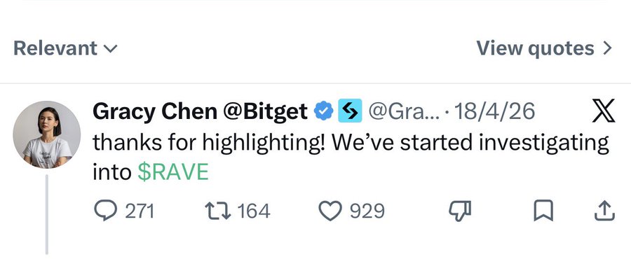 The image features a woman wearing glasses who is actively participating in an online twitter conversation. The message she sent out was a quote from a woman named @Gracy Chen, which reads, "Today, it has been two months. Where is the investigation report on #RAVE ? @GracyBitget @cz_binance". The context of this post seems to be about the investigation regarding @Gracy Chen and the #RAVE hashtag related to it.
