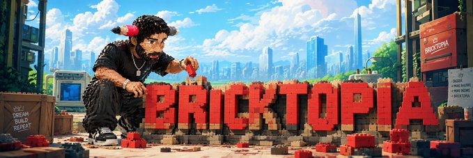 A pixel-art style promotional image featuring a character with horns building with red blocks that spell 'BRICKTOPIA' against a futuristic cityscape background.