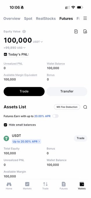 A screenshot of a trading app's wallet overview showing a starting balance of $100,000 USDT with today's PNL at +$99,890.89, marking day one of the user's $100,000 to $500,000 challenge.