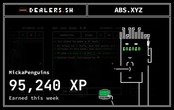 A gaming-style dashboard titled 'DEALERS.SH ABS.XYZ' displaying 'MickaPenguins — 95,240 XP Earned this week' alongside game interface elements.