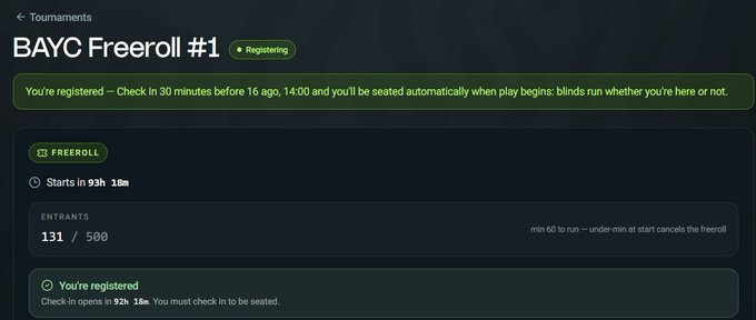A dark-mode tournament registration screen showing a 'BAYC Freeroll #1' event with 131/500 entrants, noting the user is registered and check-in opens in 92 hours.