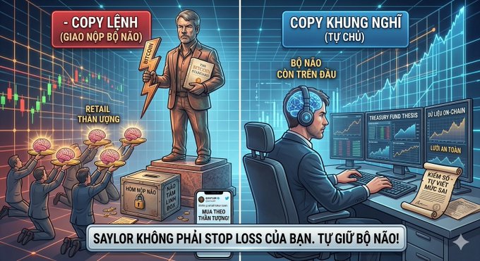 Vietnamese-language crypto trading meme contrasting 'COPY LỆNH' (copy orders) with retail worship and 'COPY KHỦNG NGHỈ' (self-management), featuring a mustached figure on a pedestal and a trader at multiple screens, with text 'SAYLOR KHÔNG PHẢI STOP LOSS CỦA BẠN. TỰ GIỮ BỘ NÃO!'