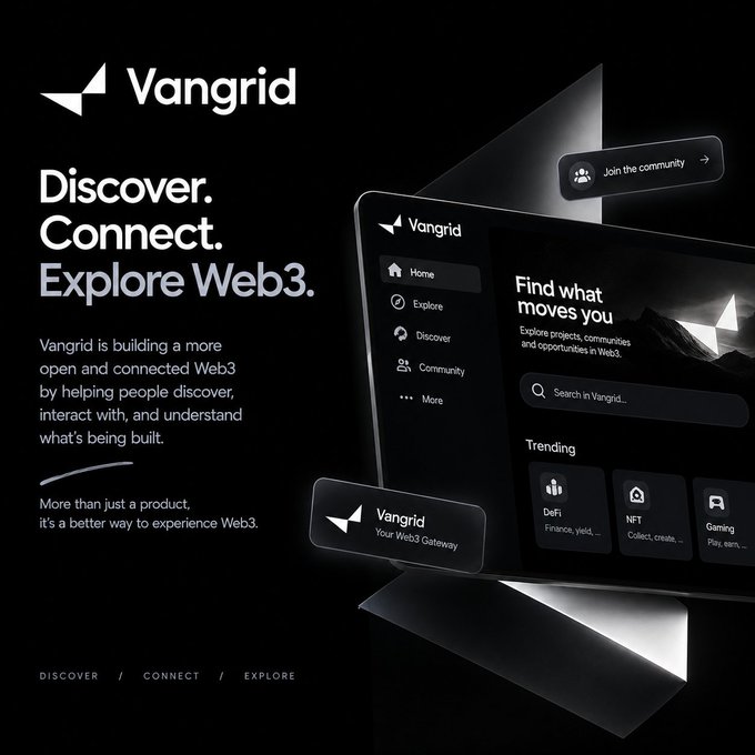 A promotional graphic for 'Vangrid' with the tagline 'Discover. Connect. Explore Web3.,' showing a tablet interface for a Web3 platform featuring categories like DeFi, NFT, and Gaming.