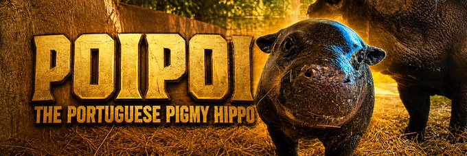 A close-up photo of a pygmy hippopotamus appears alongside the bold gold text "POIPOI - THE PORTUGUESE PIGMY HIPPO," branding the $POIPOI token relaunch as a proper reset to build the next viral animal character.