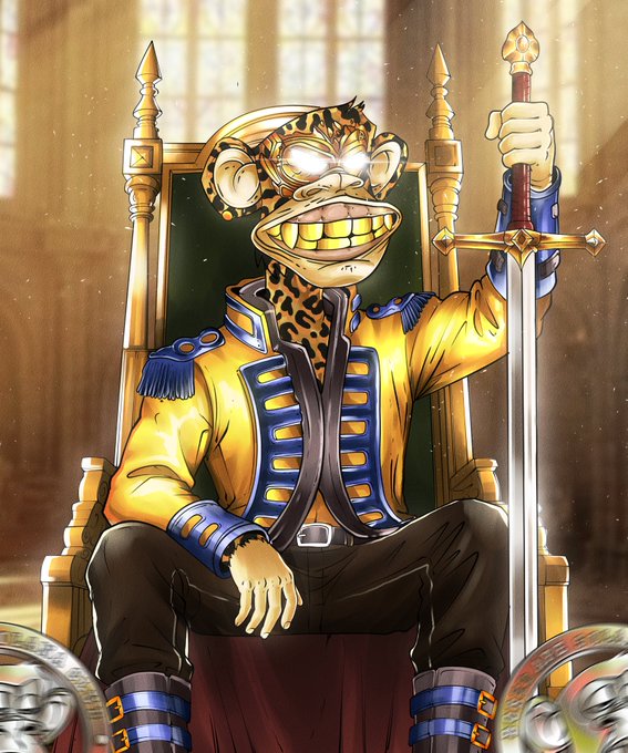A cartoon illustration of a leopard wearing glasses and a yellow military jacket, sitting on a throne and holding a sword.