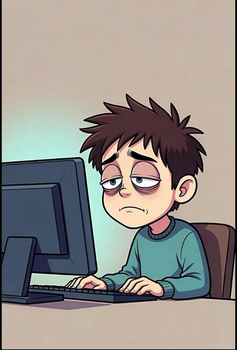 A cartoon illustration of an exhausted-looking young man with dark circles under his eyes typing at a computer keyboard.