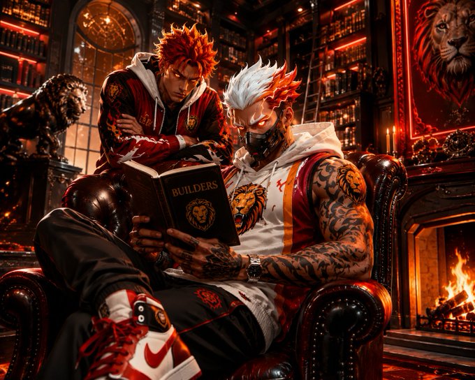 A dramatic AI-generated illustration of two anime-style warriors with fiery red and white hair, reading a book titled 'BUILDERS' in a richly decorated library with a roaring fireplace and lion artwork.
