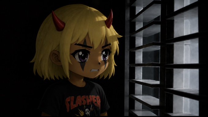 A blonde anime-style character with red devil horns and face markings wears a black "FLASHER" t-shirt, standing against a dark background with window blinds. The image's moody lighting and edgy character design align with the post's self-introduction, serving as a stylistic avatar to attract new mutuals in a crypto/web3 community.