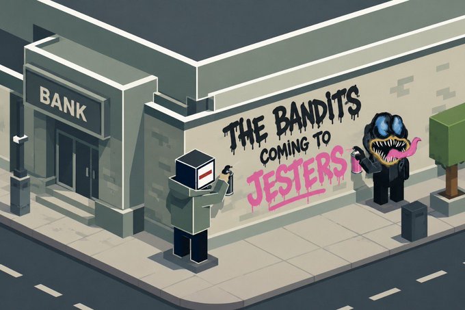 An isometric illustration shows a cartoonish bank robbery scene with a graffiti-spraying character tagging "THE BANDITS COMING TO JESTERS" on a wall while another figure holds a crowbar near the bank's entrance. The pixel-art style artwork visually teases the upcoming Bandits NFT collection collaboration with Jesters, as announced in the accompanying post.