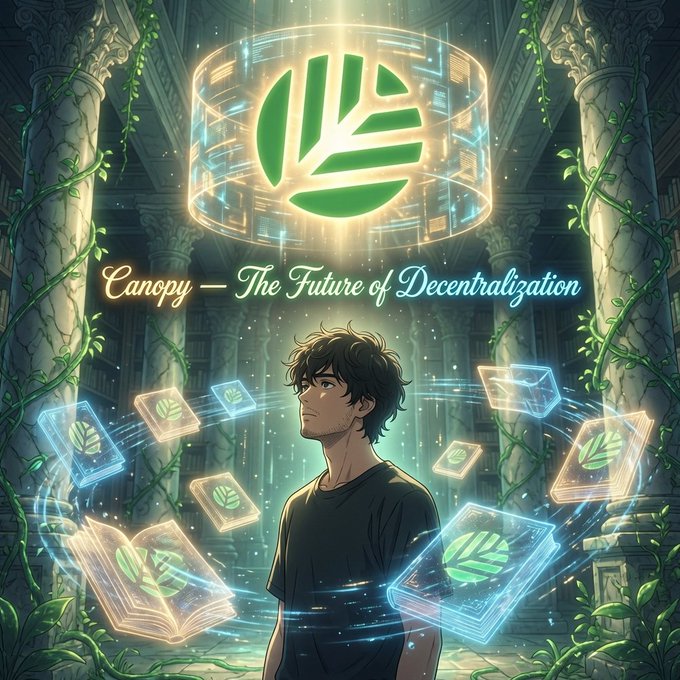 An anime-style digital illustration featuring a young man surrounded by floating holographic books, with a glowing green leaf logo and the text 'Canopy — The Future of Decentralization'.