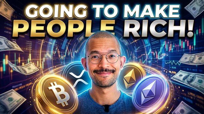 A man wearing glasses stands in front of a YouTube thumbnail with bold text reading "GOING TO MAKE PEOPLE RICH!" surrounded by Bitcoin, XRP, Ethereum, and Tether cryptocurrency coins, trading charts, and floating dollar bills. The thumbnail visually promotes the video's claim that XRP and Ethereum have massive buy signals, using wealth imagery to attract viewers.