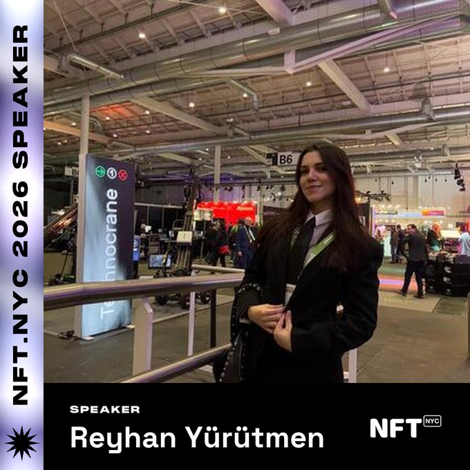 Reyhan Yürütmen, a speaker at NFT.NYC 2026, poses at the conference venue in front of an exhibitor booth labeled "B6." The promotional graphic highlights her role as a speaker at the event taking place September 1-3, showcasing her expertise in digital identity, blockchain, and AI artists' rights.