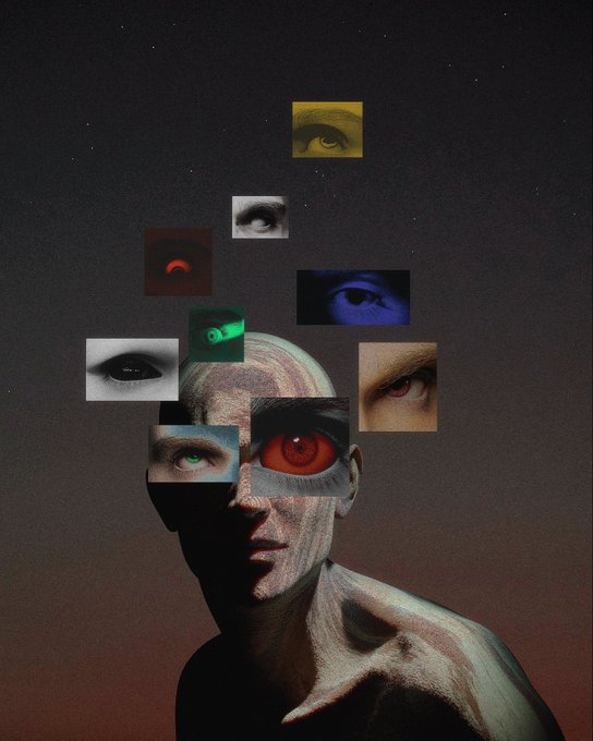 A surreal collage featuring a human figure's head with a fragmented, glitchy texture, overlaid with multiple floating square cutouts showing various close-up eyes in different colors.