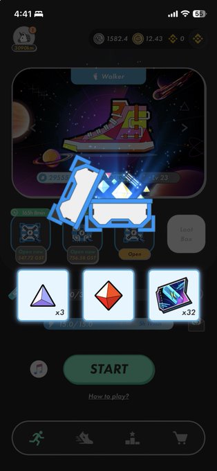 Screenshot of a mobile game interface showing a 'Walker' sneaker card with glowing blue special effects, indicating energy boost buffs, with a START button and resource counters (1582.4 coins, 12.43) at the top.