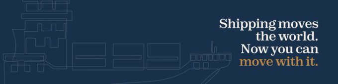 A navy blue banner features a faint outline of a cargo ship alongside the text "Shipping moves the world. Now you can move with it." in white and gold lettering, visually reinforcing EthraShip's promotional message about accessible shipping investment and ownership.